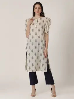 Cream Cotton Slub Printed Kurta