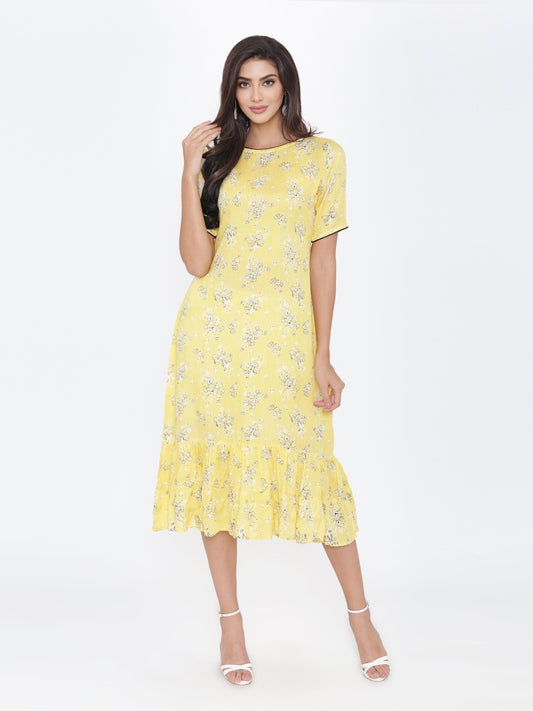 Yellow Rayon Printed Dress