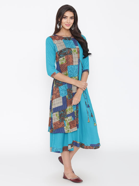 Sky Blue Rayon Solid Colour Dress