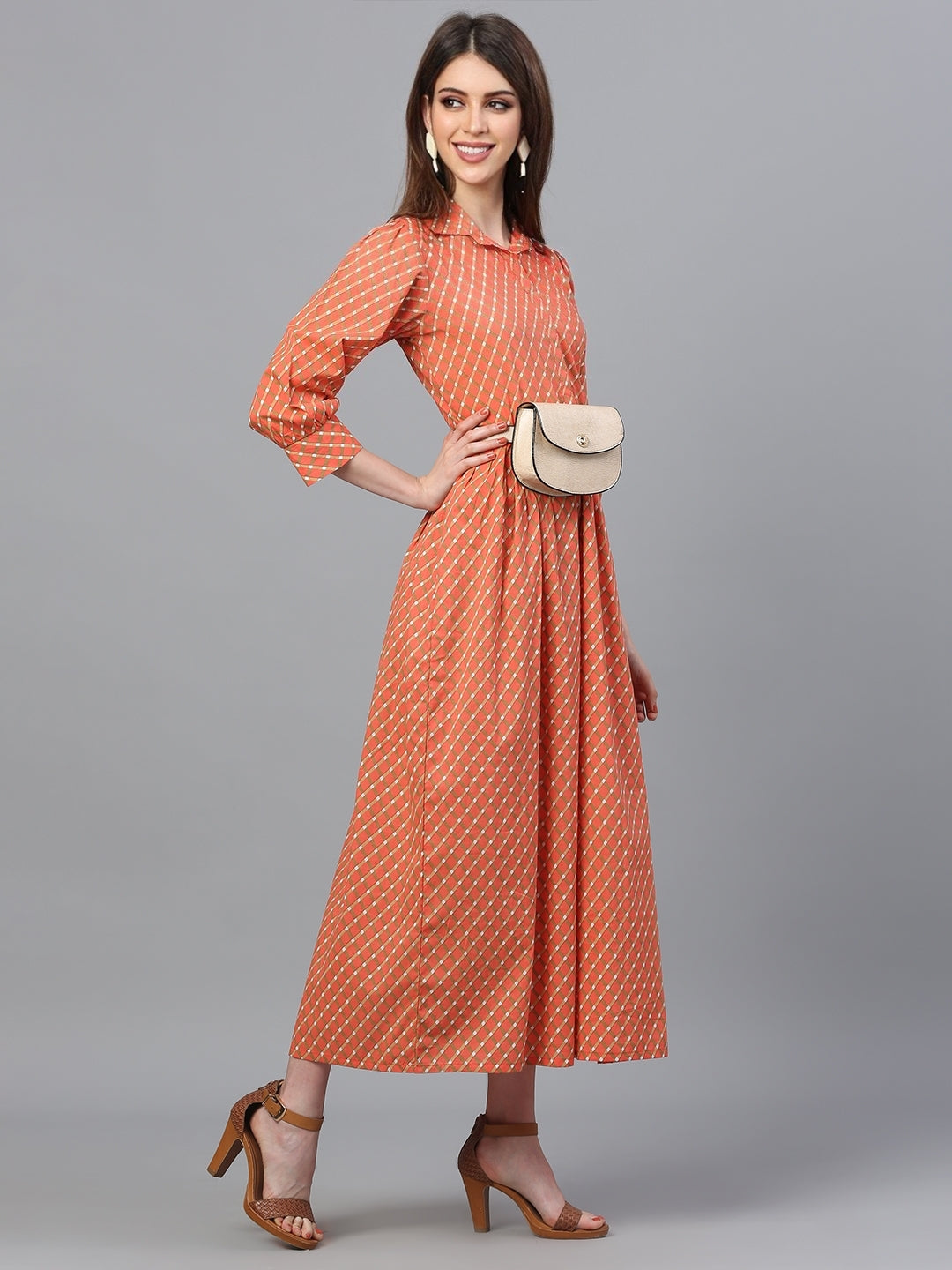 Orange Cotton Dull Gold Printed Flared Dress