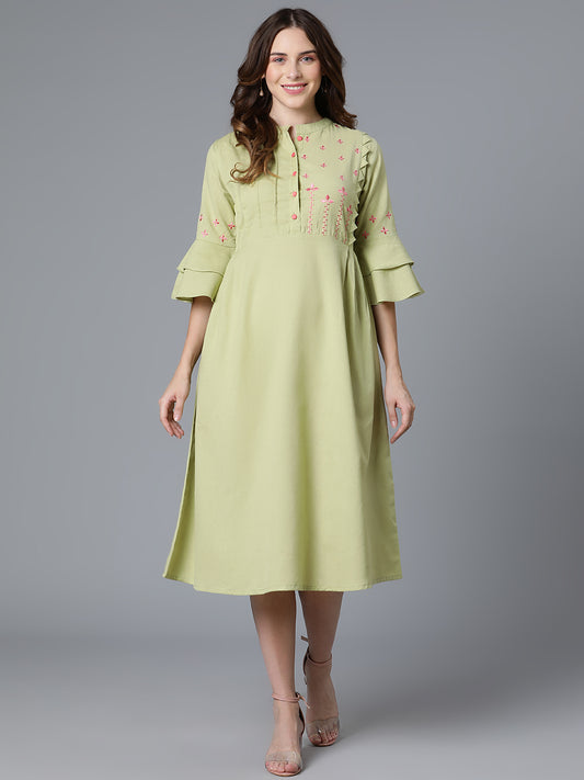 Green Cotton Flex Printed Dress