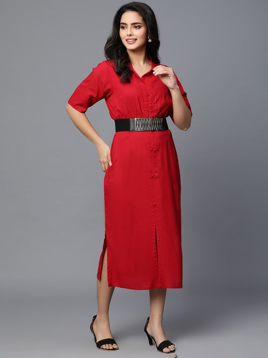 Red Rayon Dress with gathers on yoke