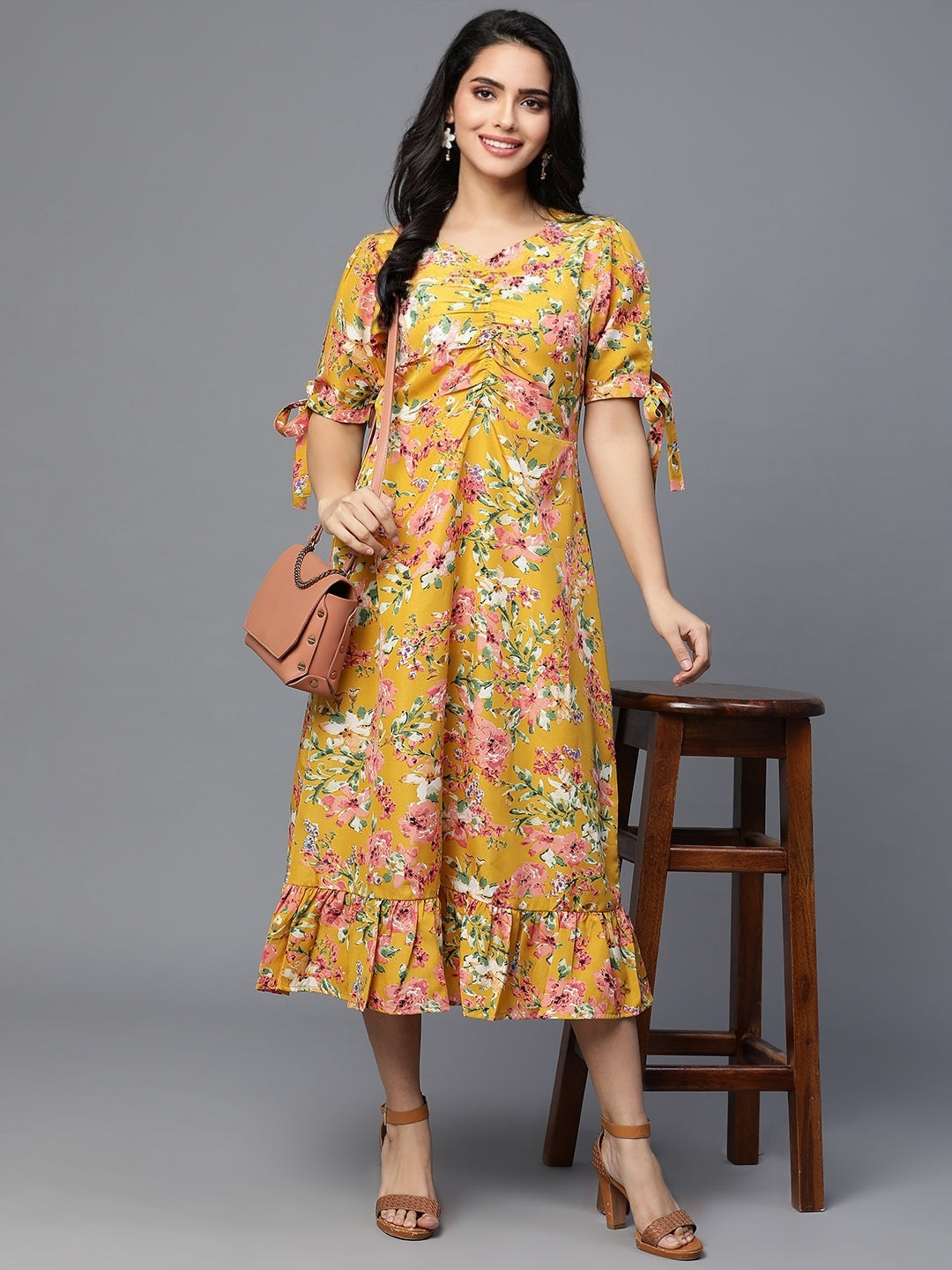 Mustard crepe printed dress