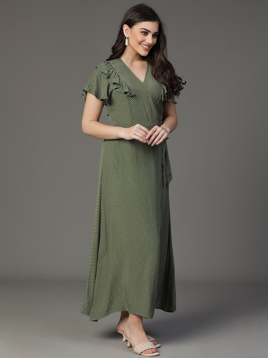 Olive Rayon Printed Dress