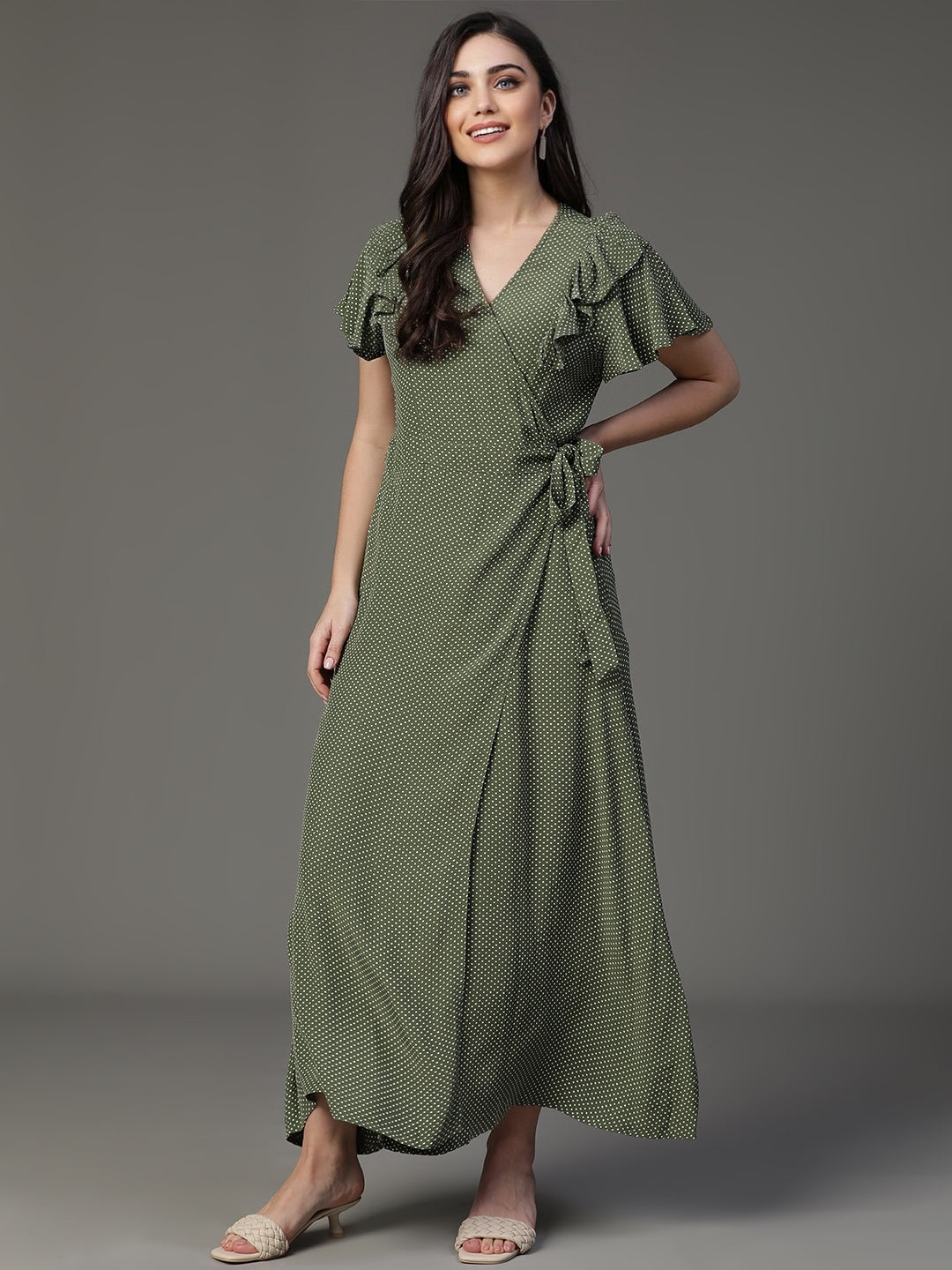 Olive Rayon Printed Dress