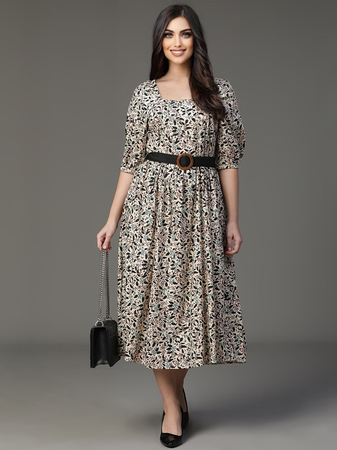 Creame Cotton Rayon Flared Printed Dress