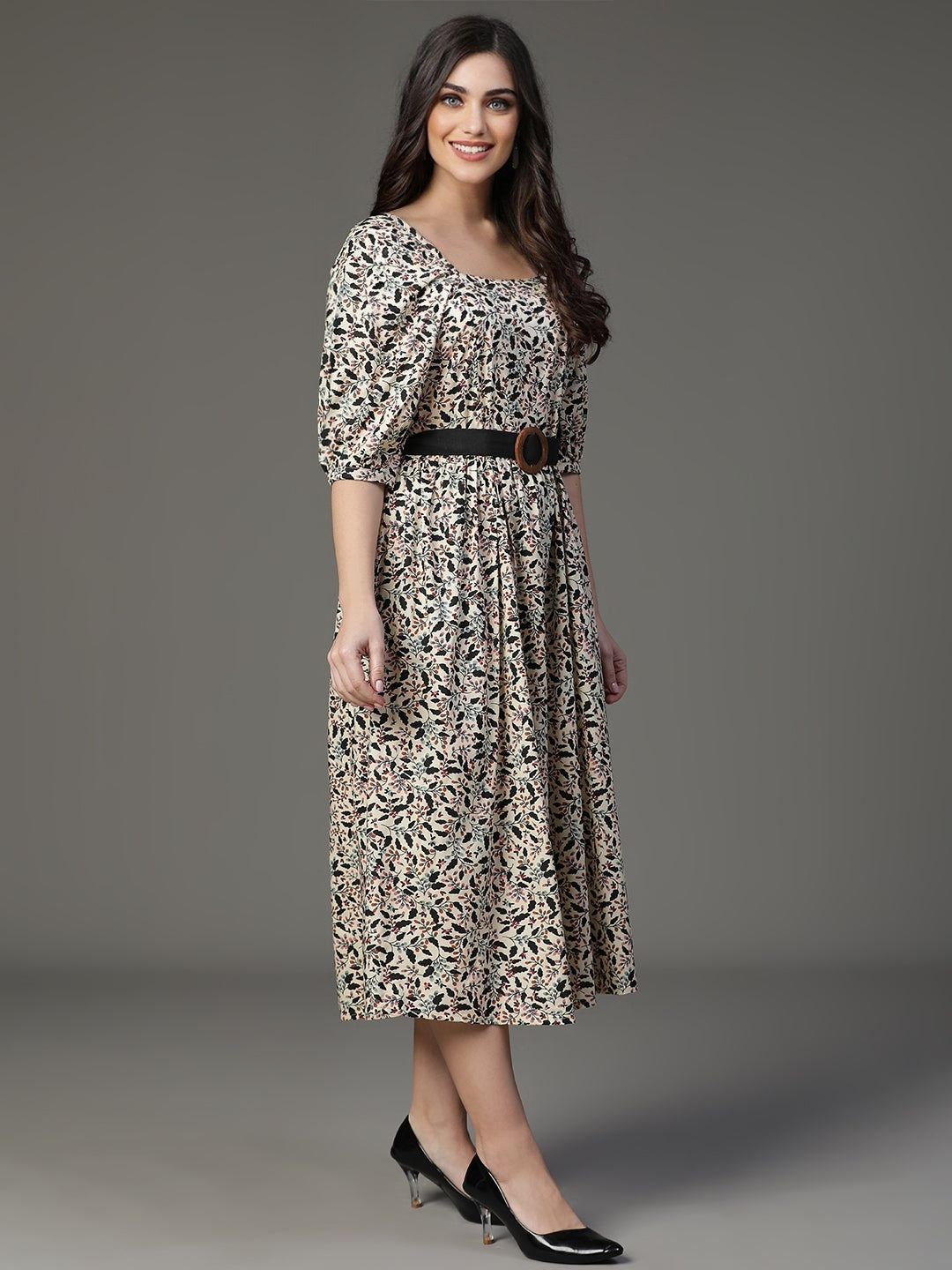 Creame Cotton Rayon Flared Printed Dress