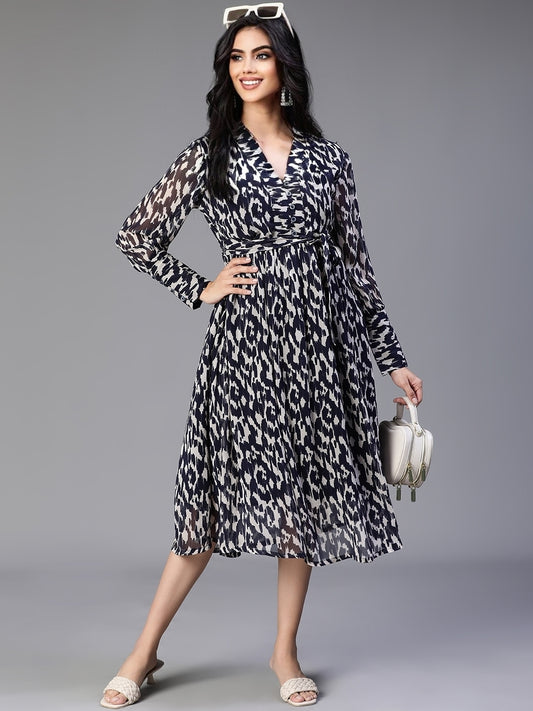 Blue Viscose Georgette Printed Dress