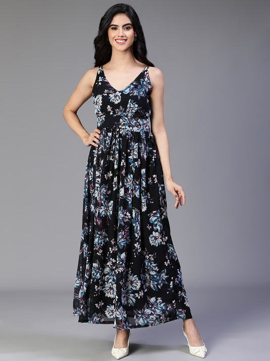 Black Georgette Floral Printed Flared Sleeveless Dress