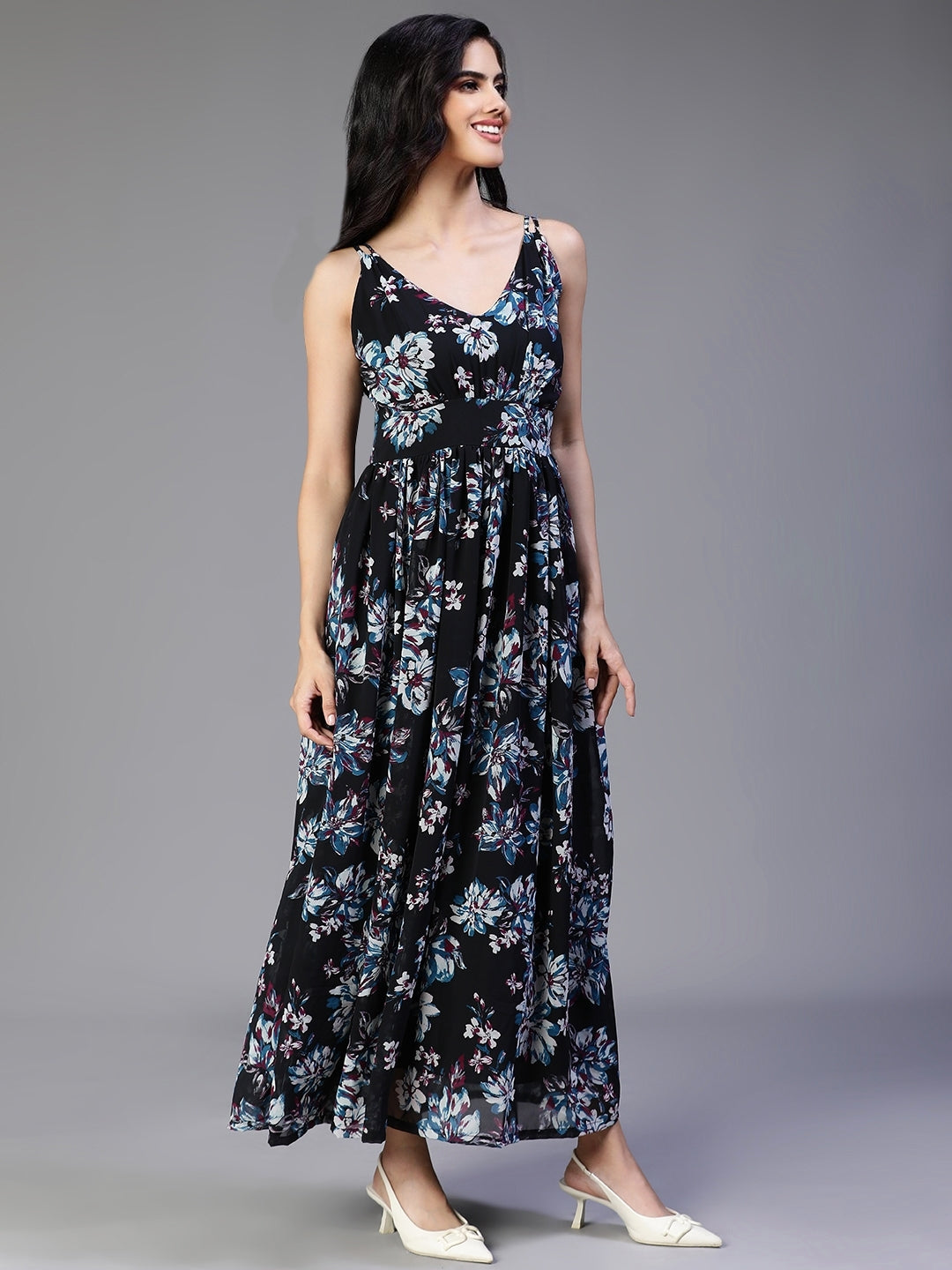 Black Georgette Floral Printed Flared Sleeveless Dress