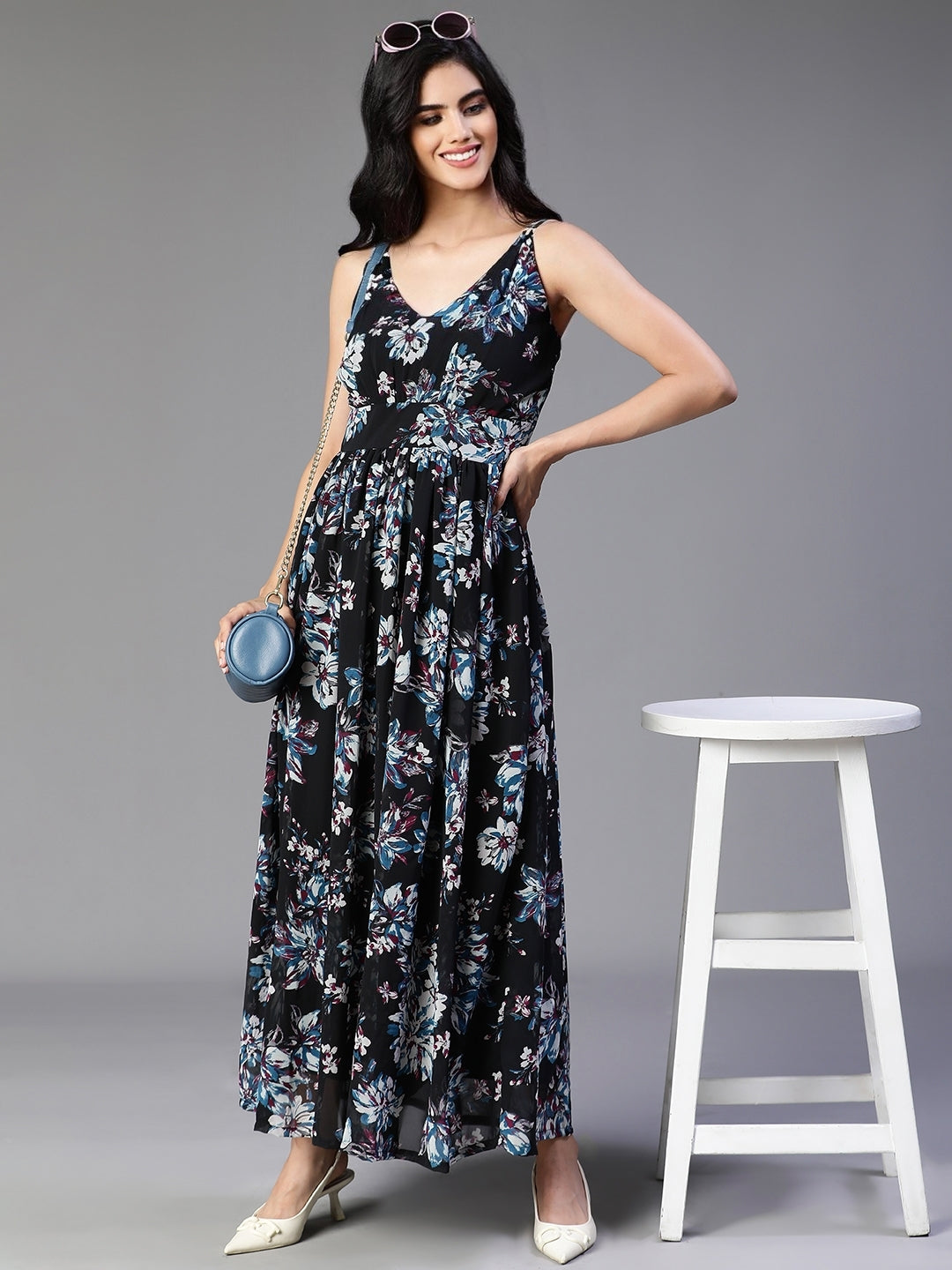 Black Georgette Floral Printed Flared Sleeveless Dress