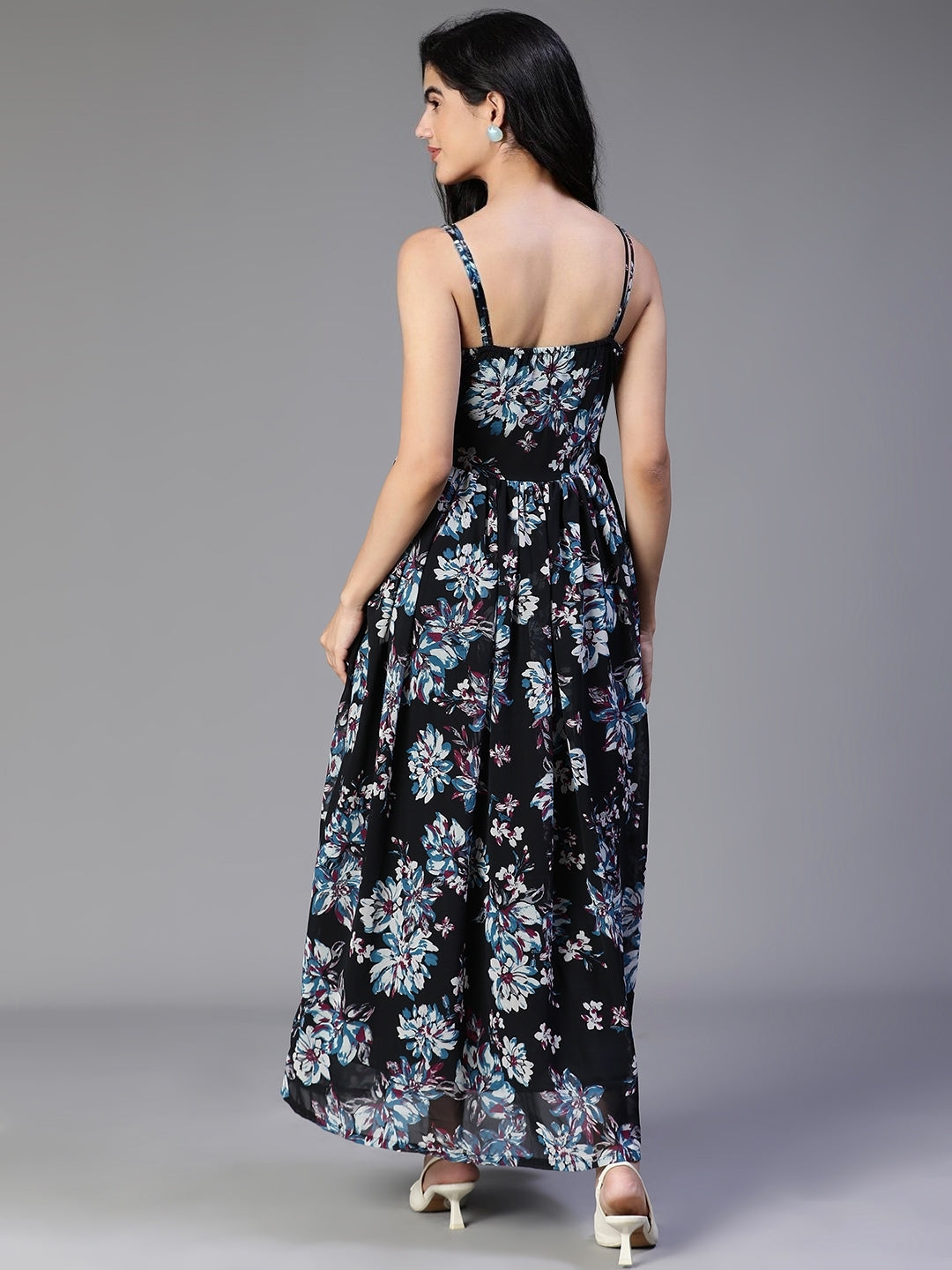 Black Georgette Floral Printed Flared Sleeveless Dress