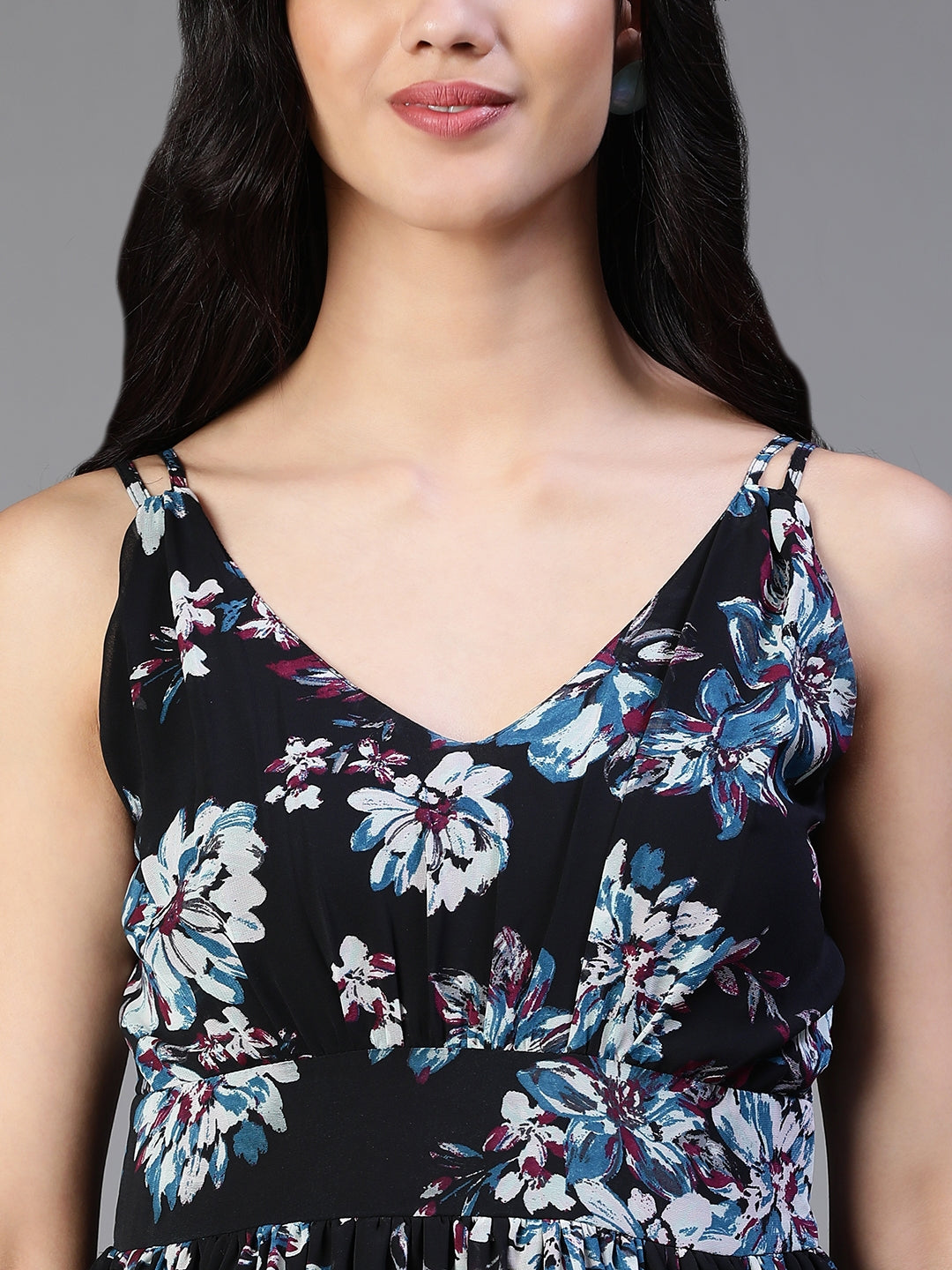 Black Georgette Floral Printed Flared Sleeveless Dress