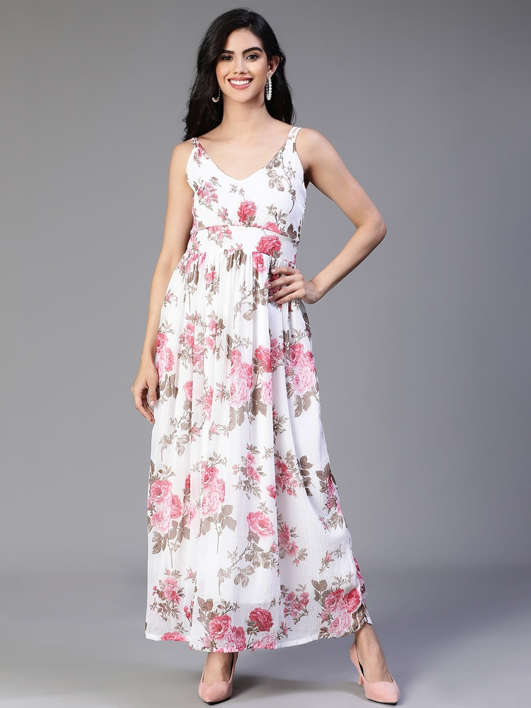 Off White Viscose Georgette Floral Printed Dress