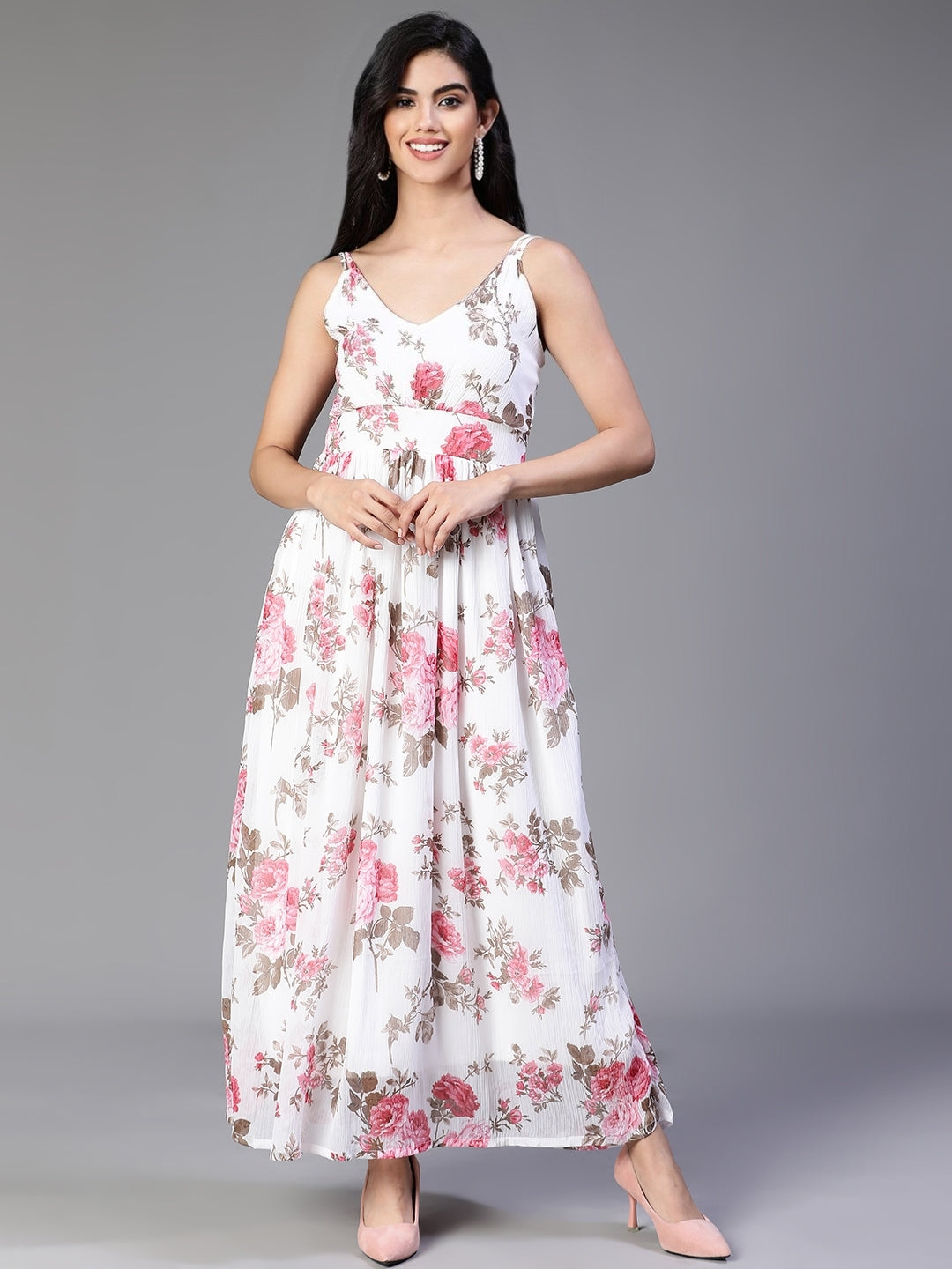 Off White Viscose Georgette Floral Printed Dress