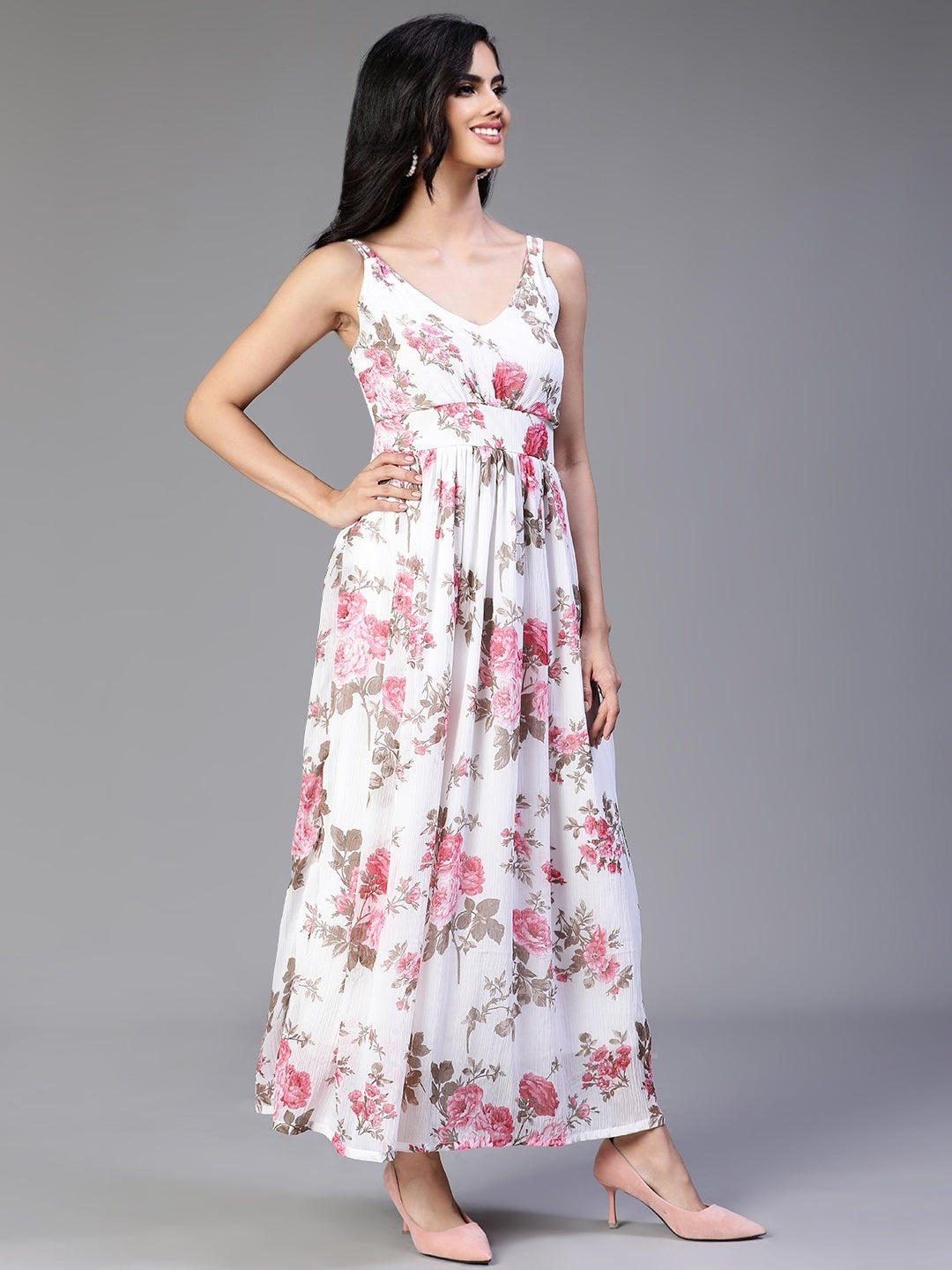 Off White Viscose Georgette Floral Printed Dress