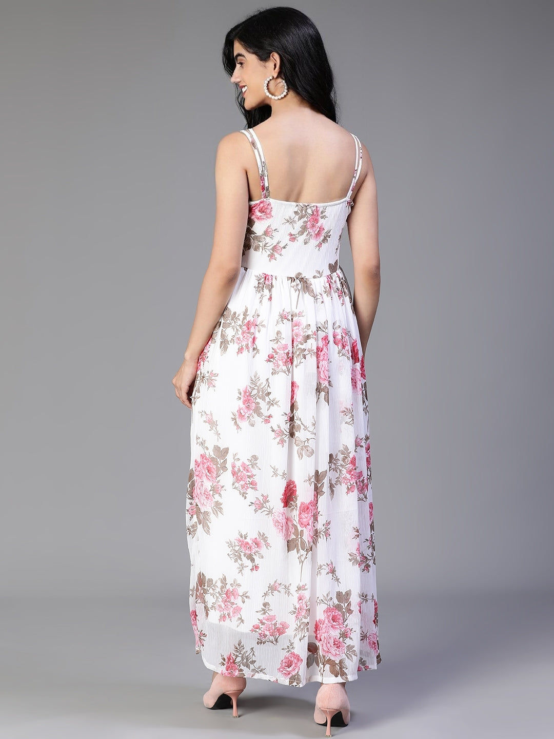 Off White Viscose Georgette Floral Printed Dress