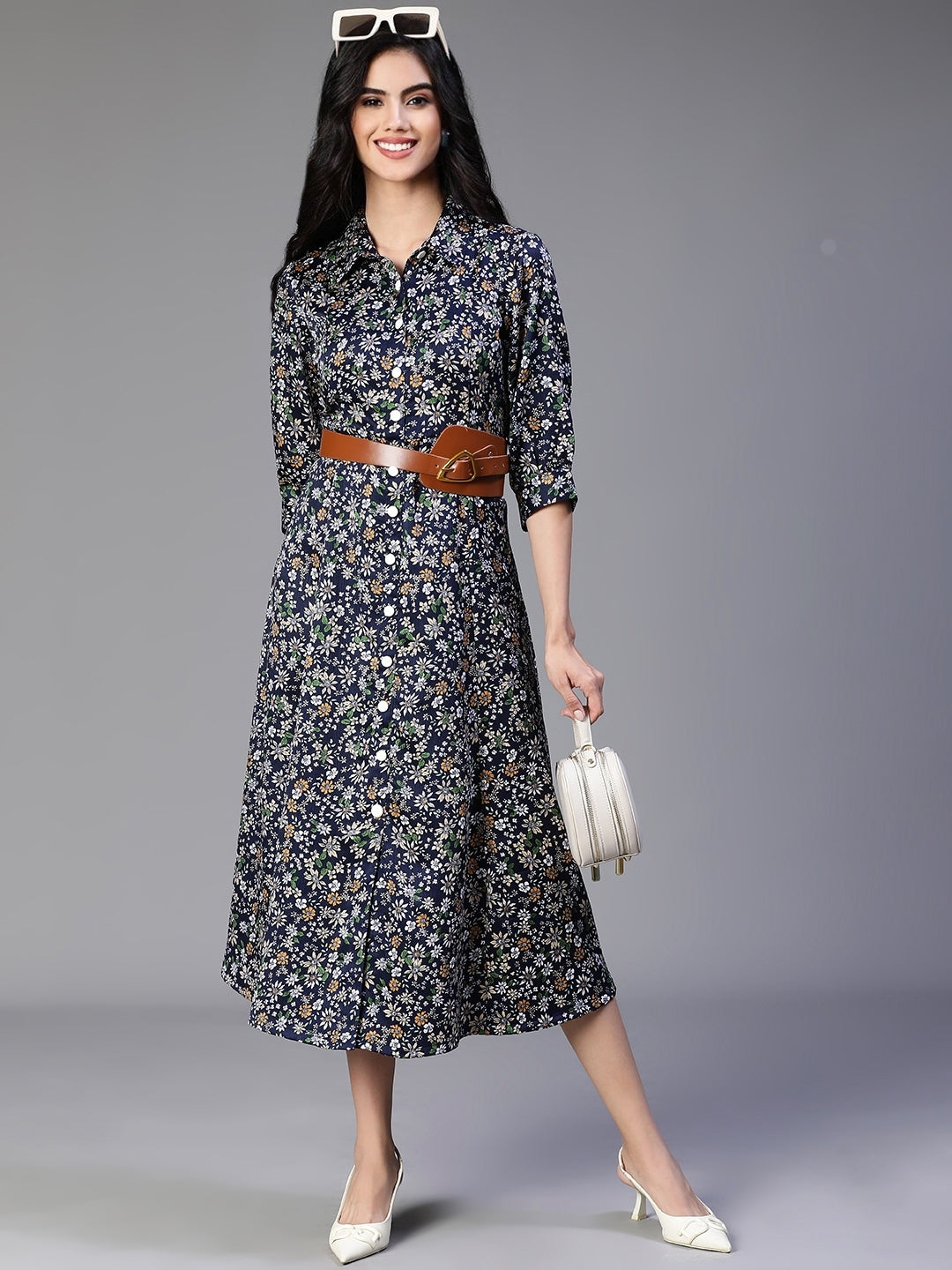 Blue Satin Rayon Floral printed dress