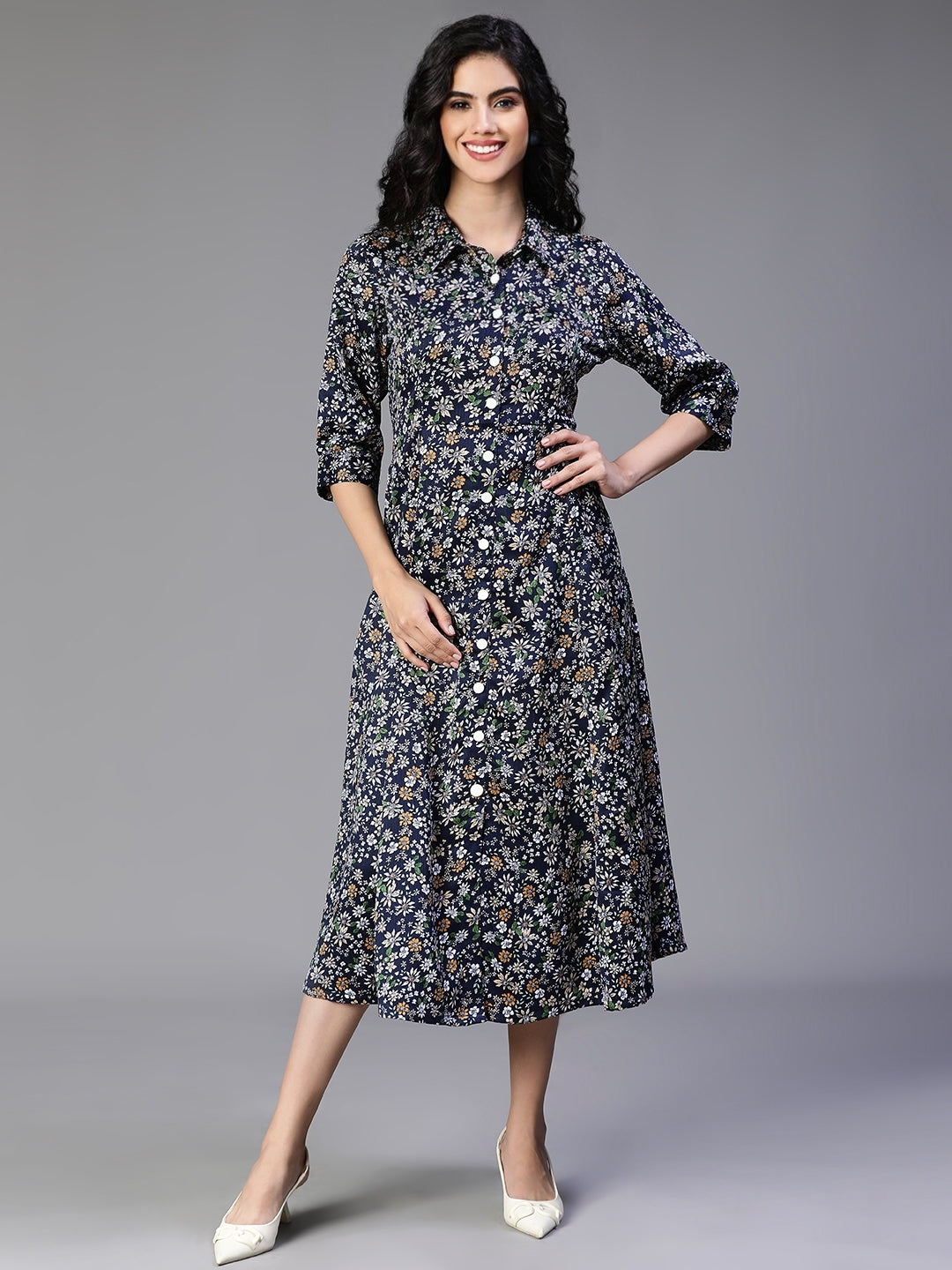 Blue Satin Rayon Floral printed dress