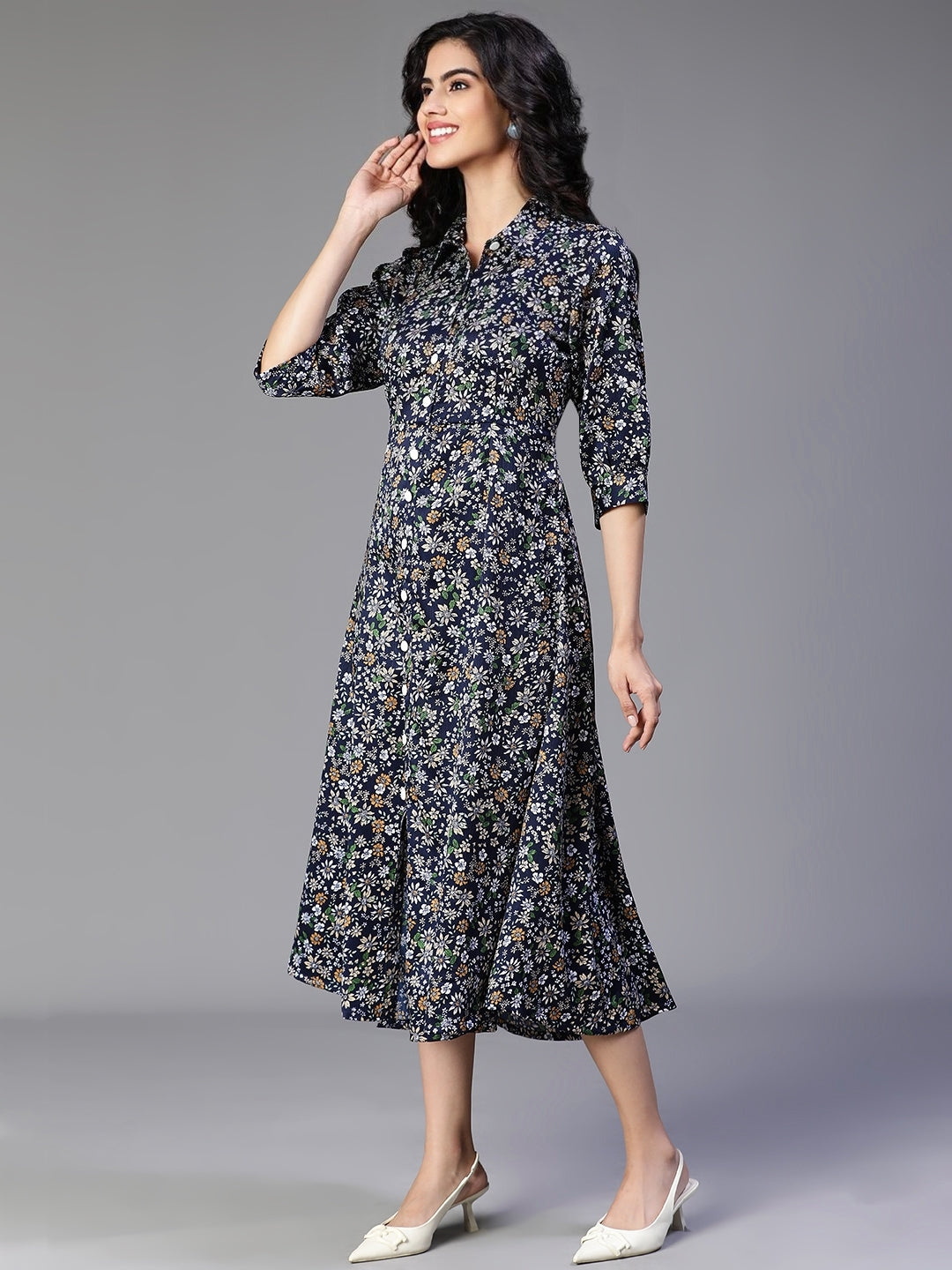 Blue Satin Rayon Floral printed dress