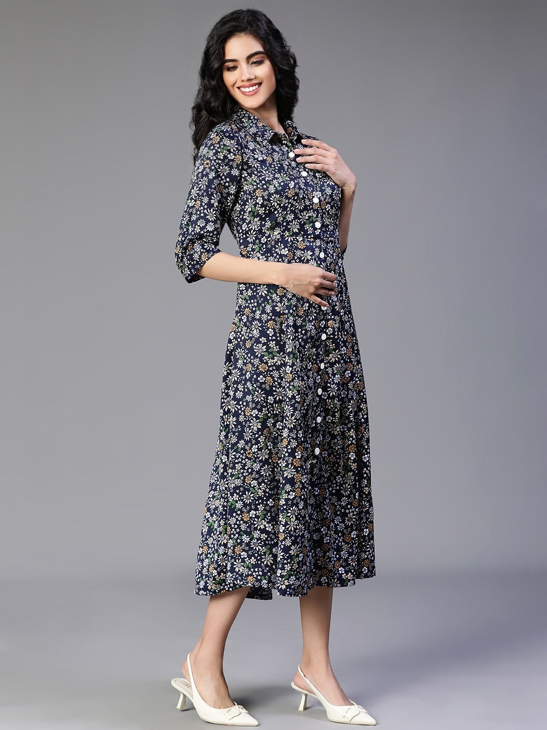 Blue Satin Rayon Floral printed dress