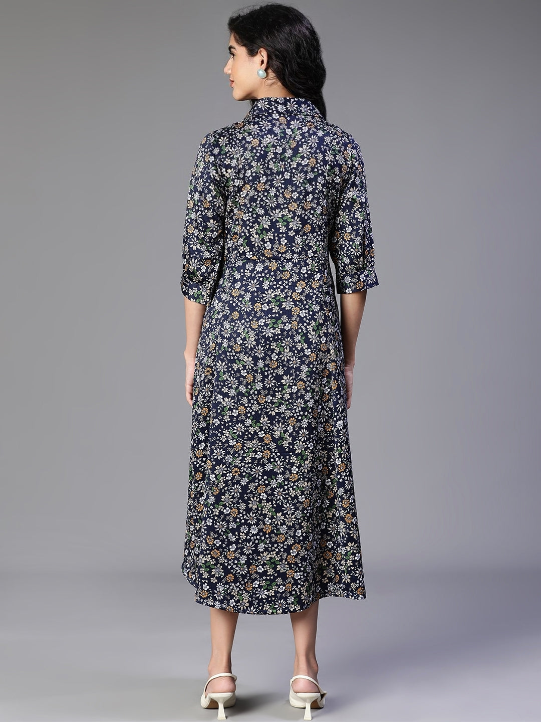 Blue Satin Rayon Floral printed dress