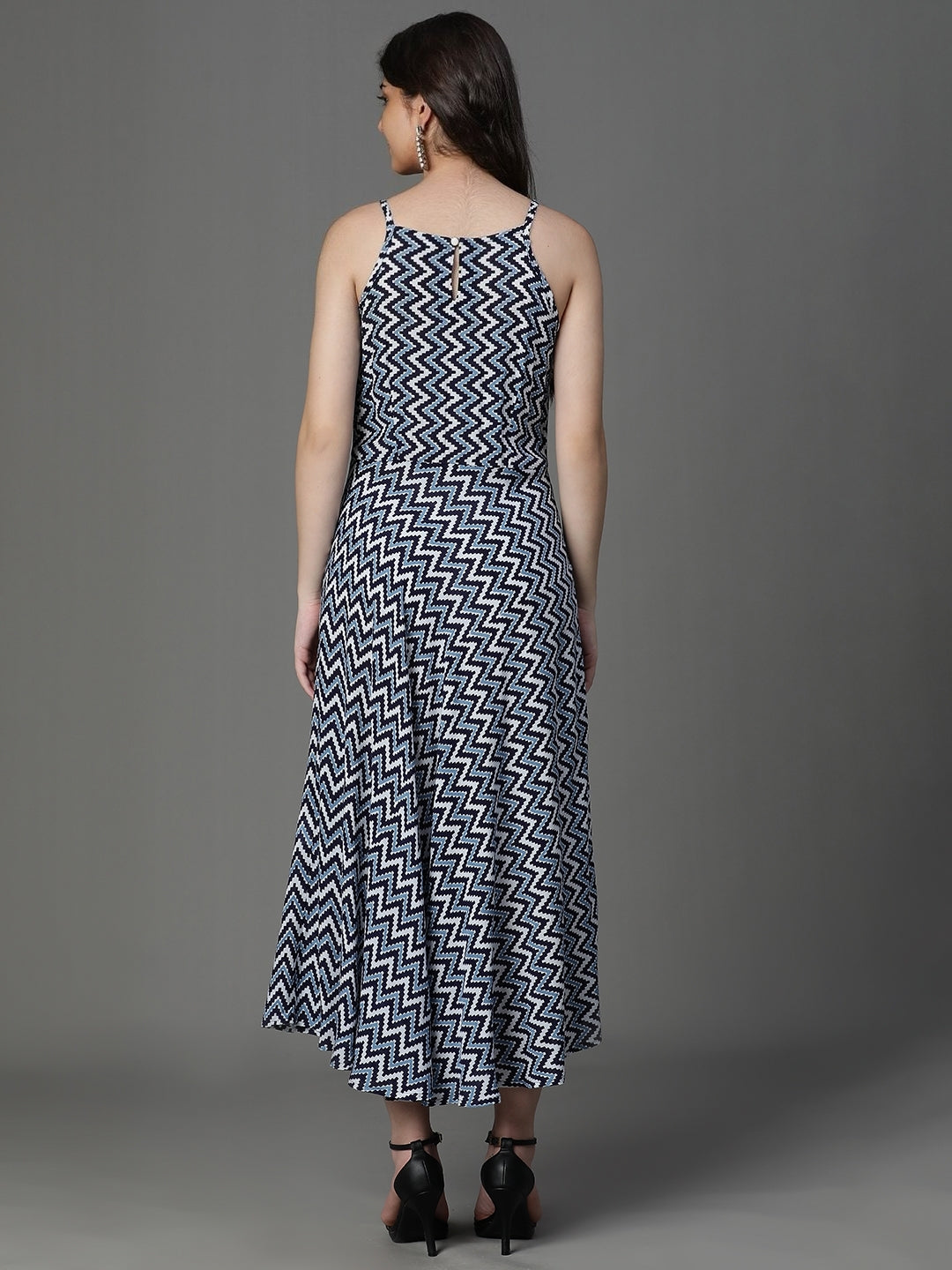 Blue Viscose Printed Sleeveless Dress