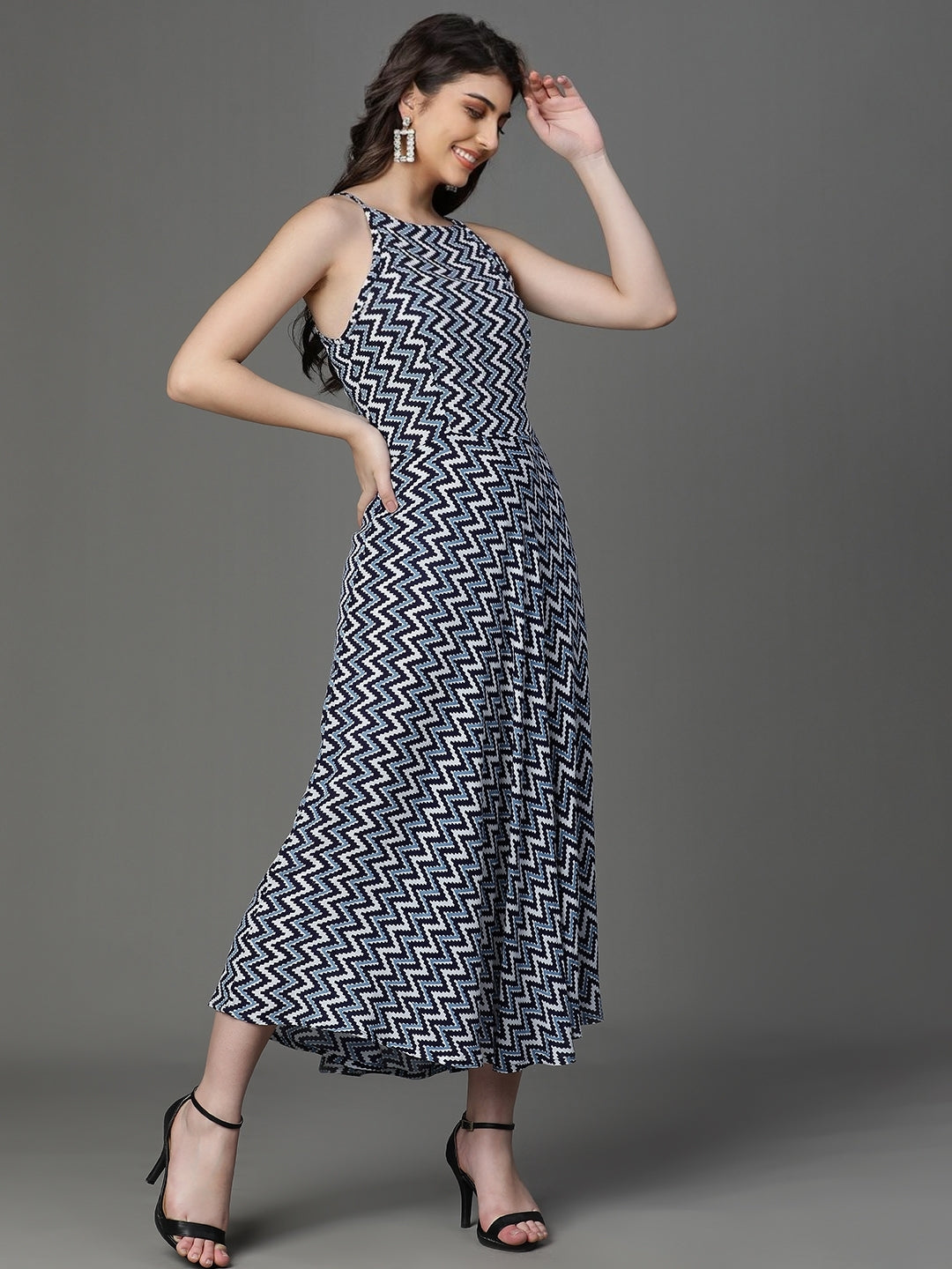 Blue Viscose Printed Sleeveless Dress