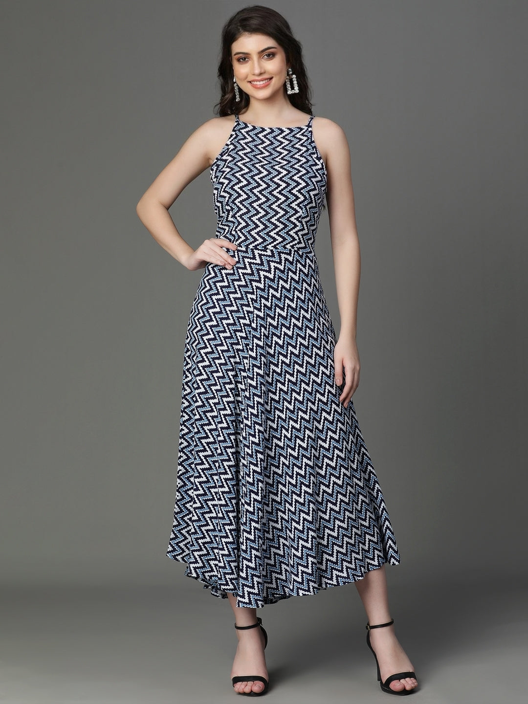 Blue Viscose Printed Sleeveless Dress