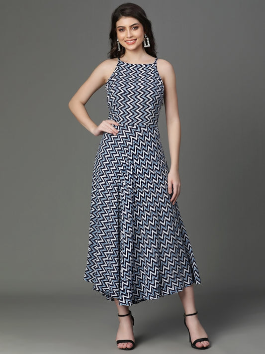 Blue Viscose Printed Sleeveless Dress