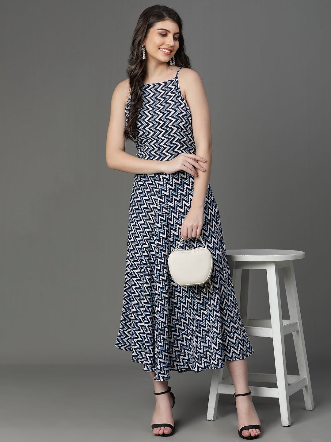 Blue Viscose Printed Sleeveless Dress