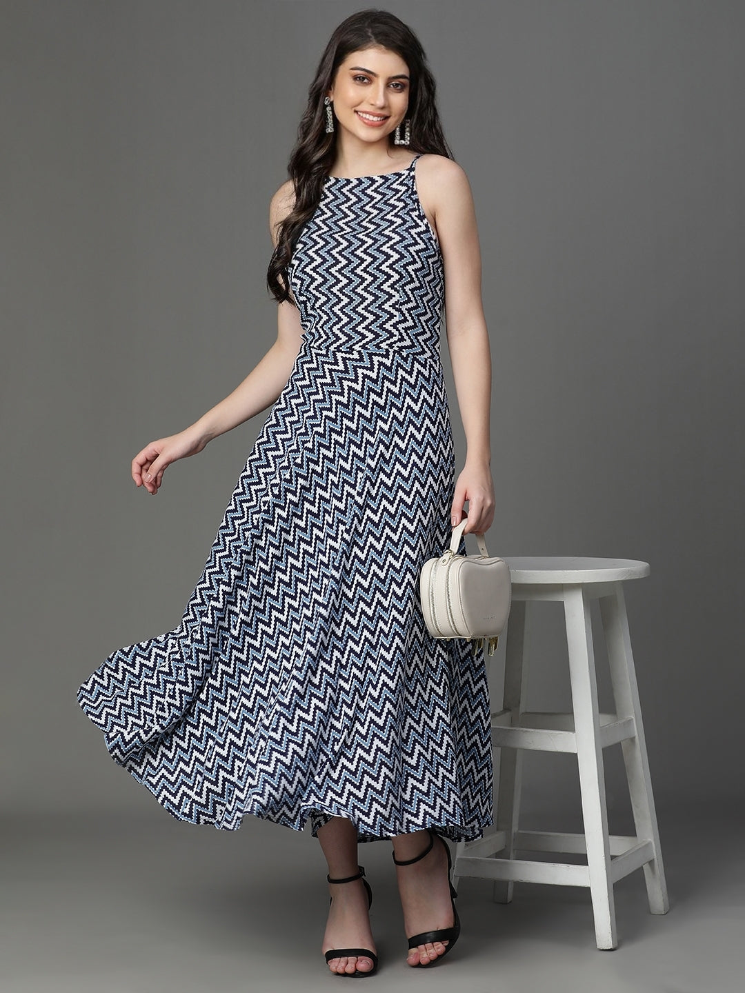 Blue Viscose Printed Sleeveless Dress