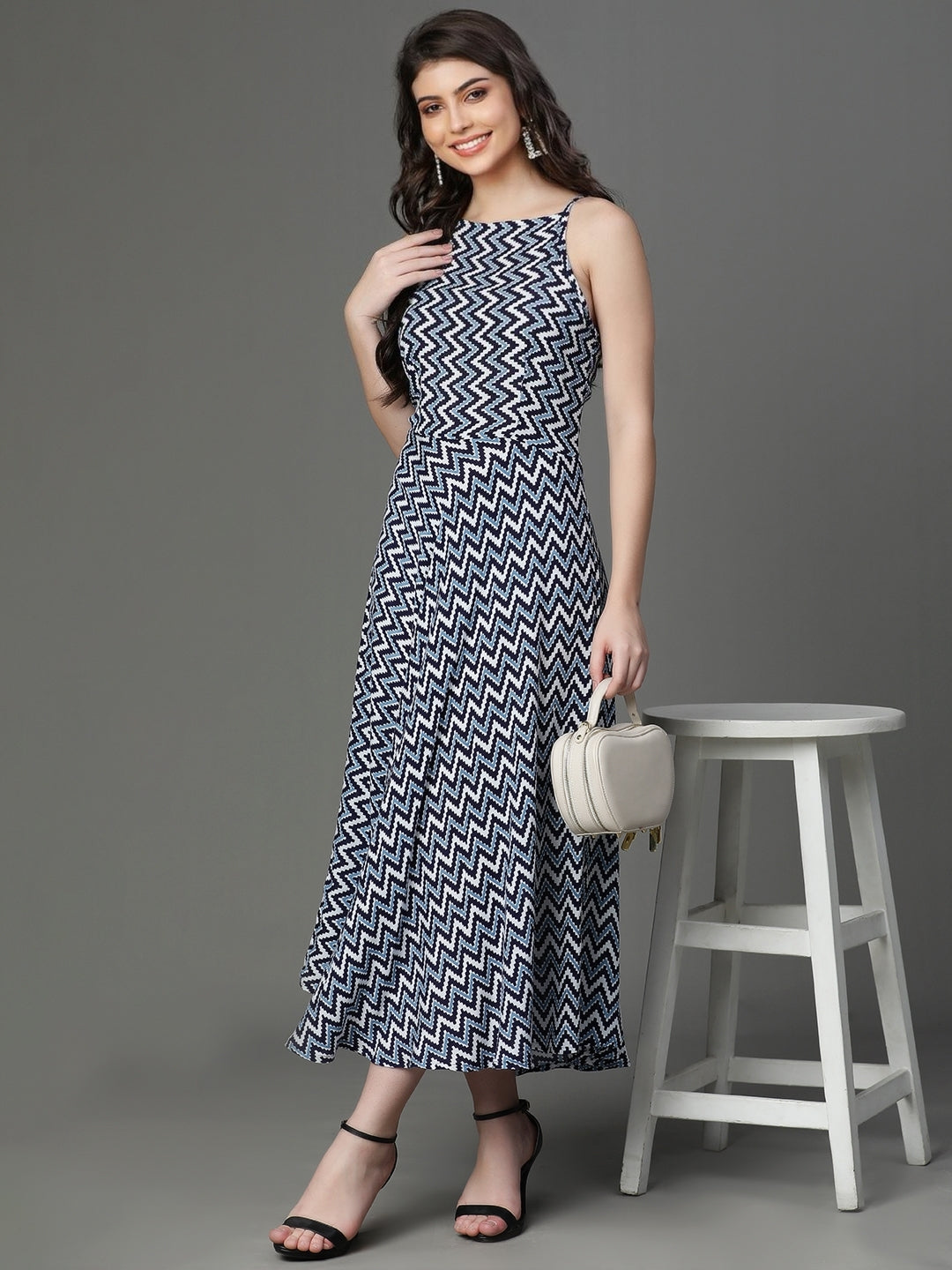 Blue Viscose Printed Sleeveless Dress