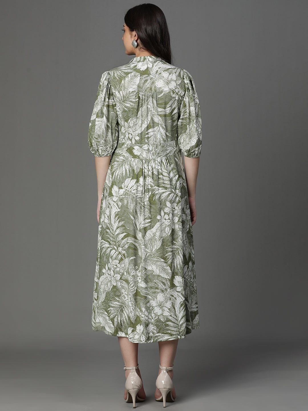 Olive Rayon Printed Western Dress