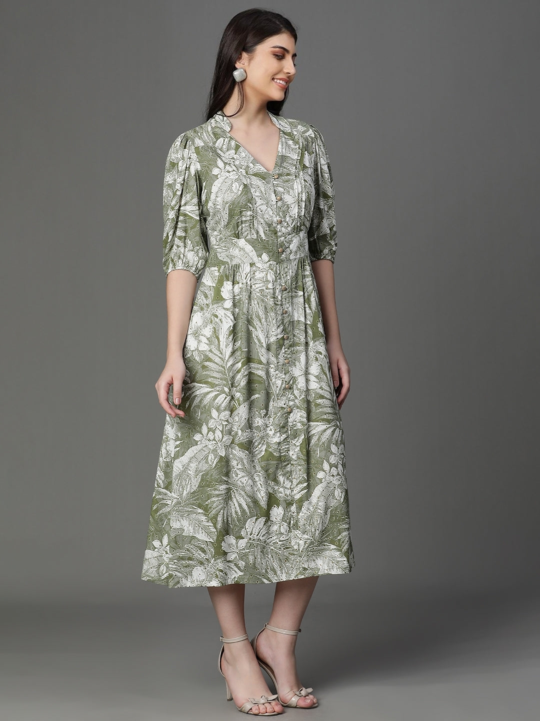 Olive Rayon Printed Western Dress