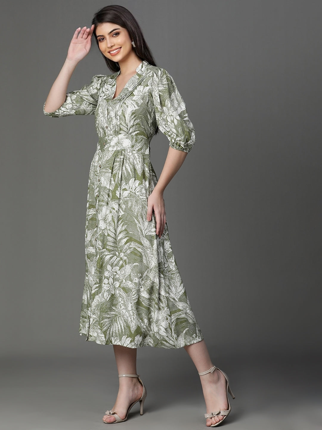 Olive Rayon Printed Western Dress