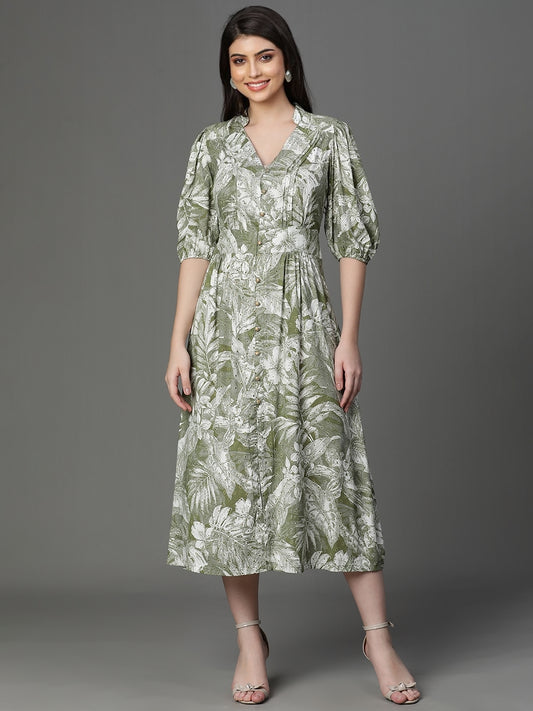 Olive Rayon Printed Western Dress