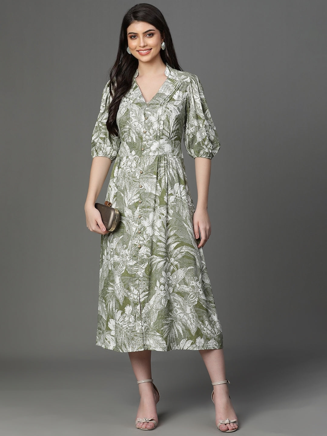 Olive Rayon Printed Western Dress