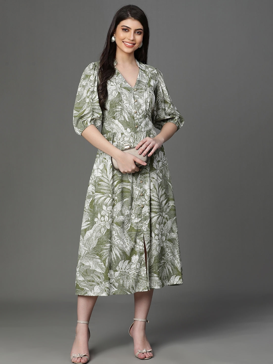 Olive Rayon Printed Western Dress