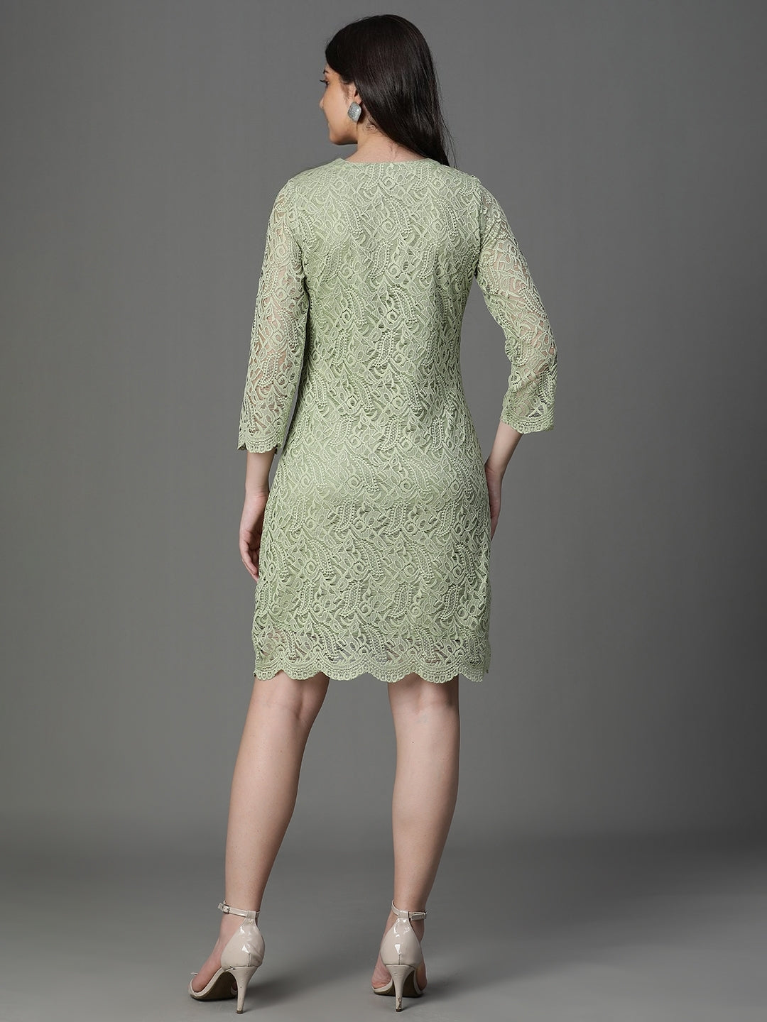 Green Self Design Cotton Net Dress