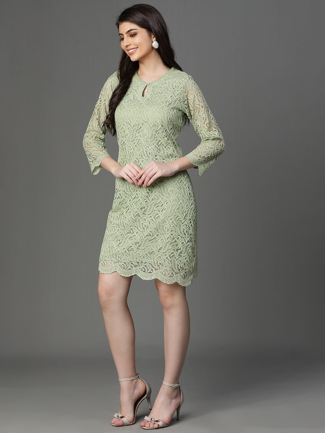 Green Self Design Cotton Net Dress