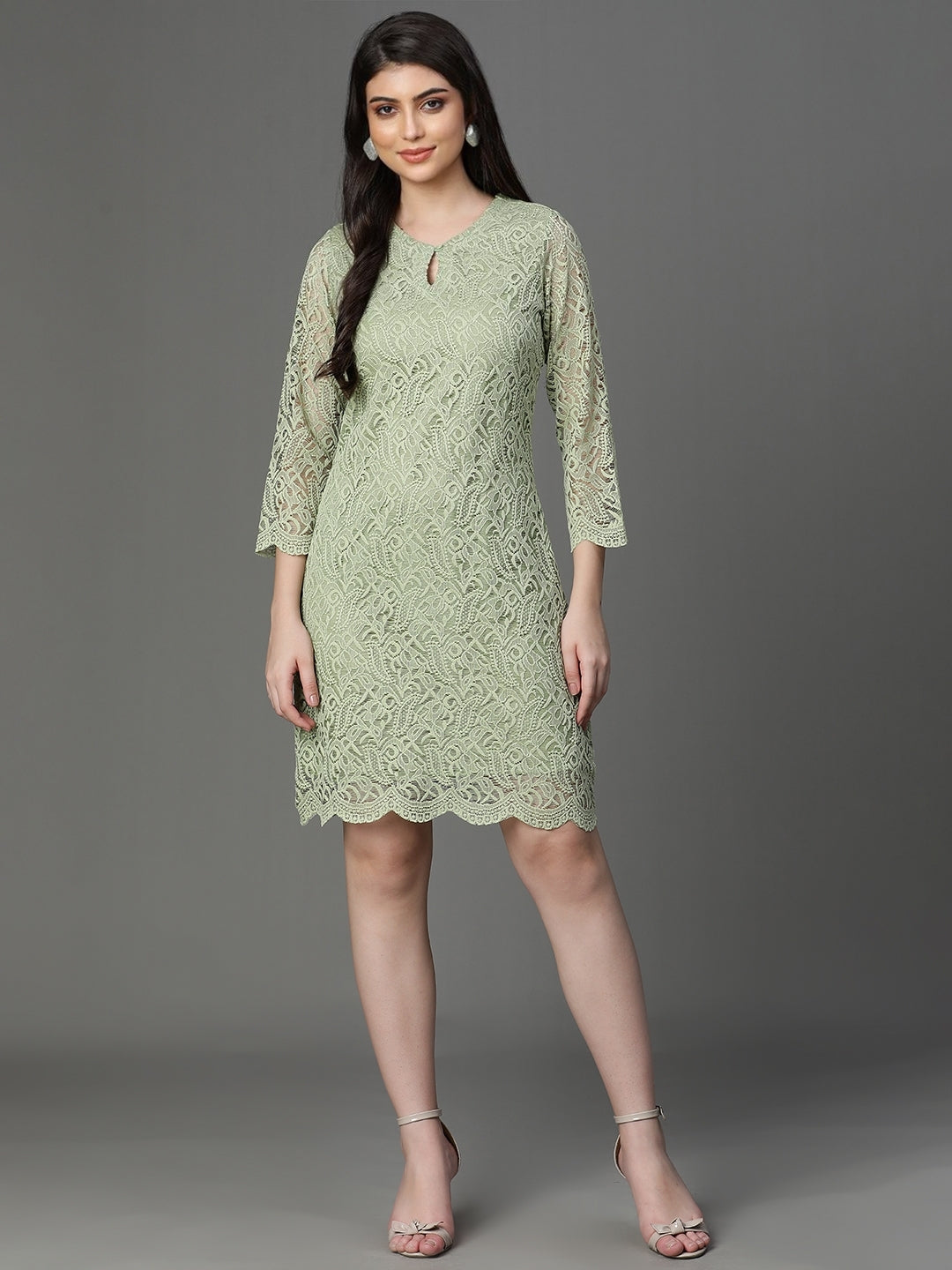 Green Self Design Cotton Net Dress