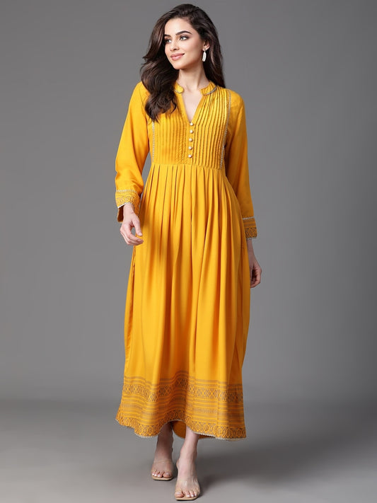 Mustard Rayon Placement  Printed Dress with Flare gathers