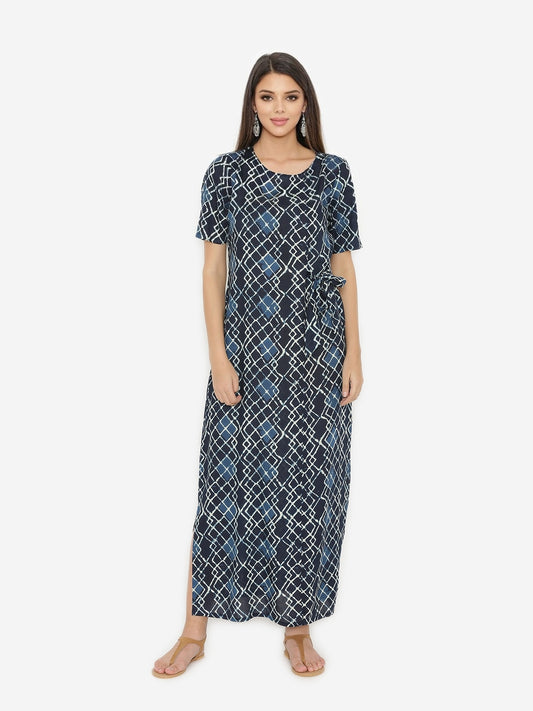 Blue Rayon Printed Straight Dress