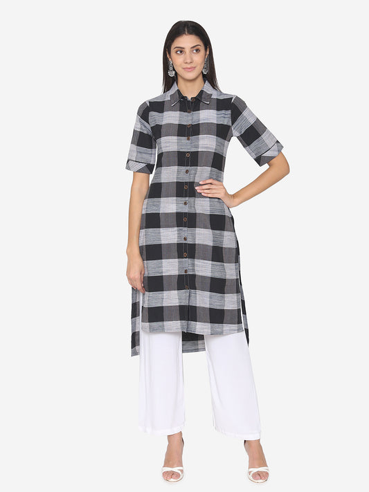 Black Premium Cotton Check Kurta