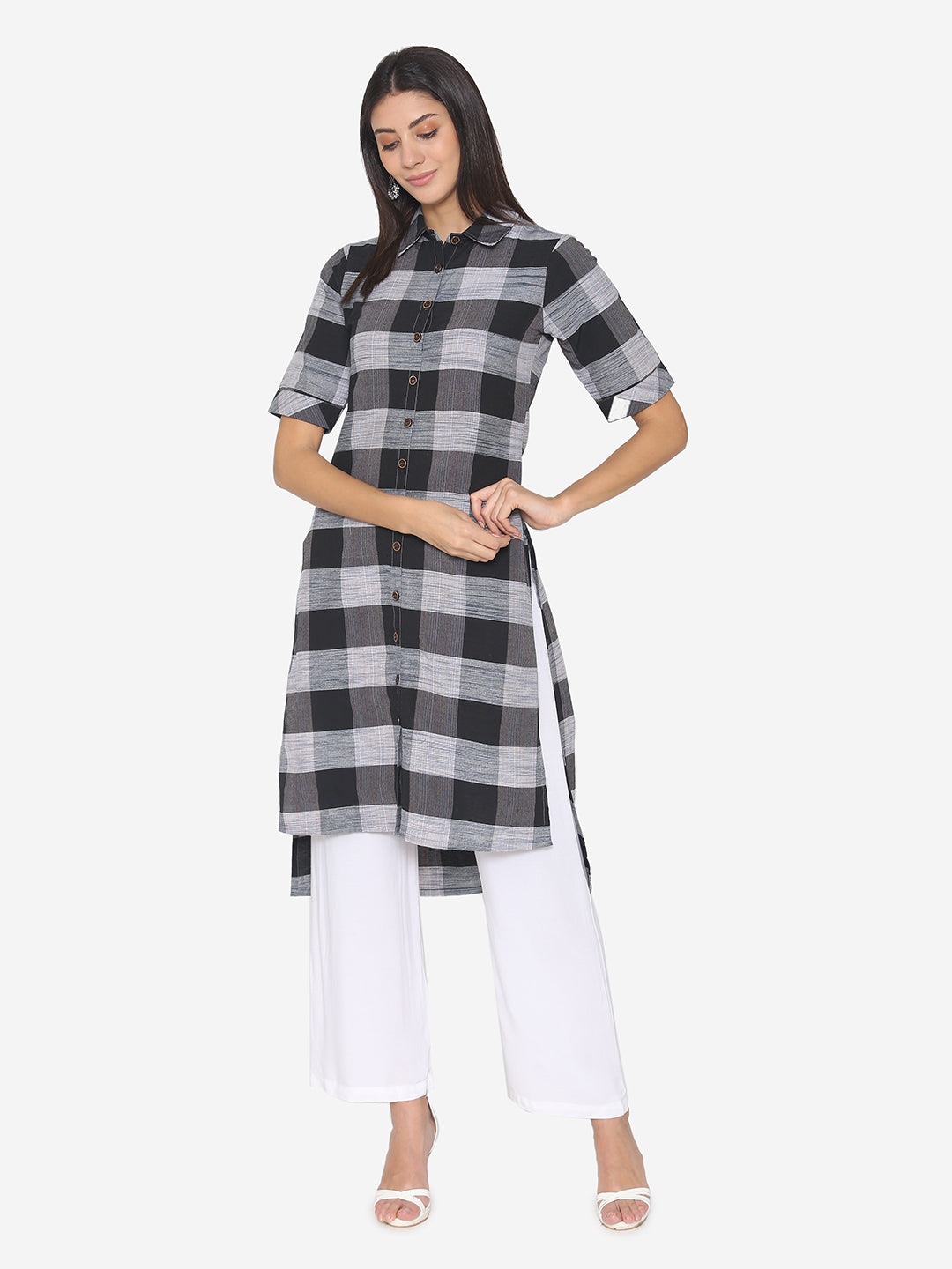 Black Premium Cotton Check Kurta