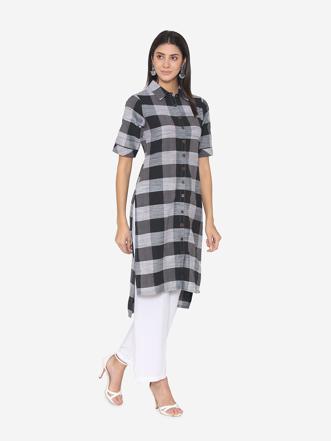 Black Premium Cotton Check Kurta