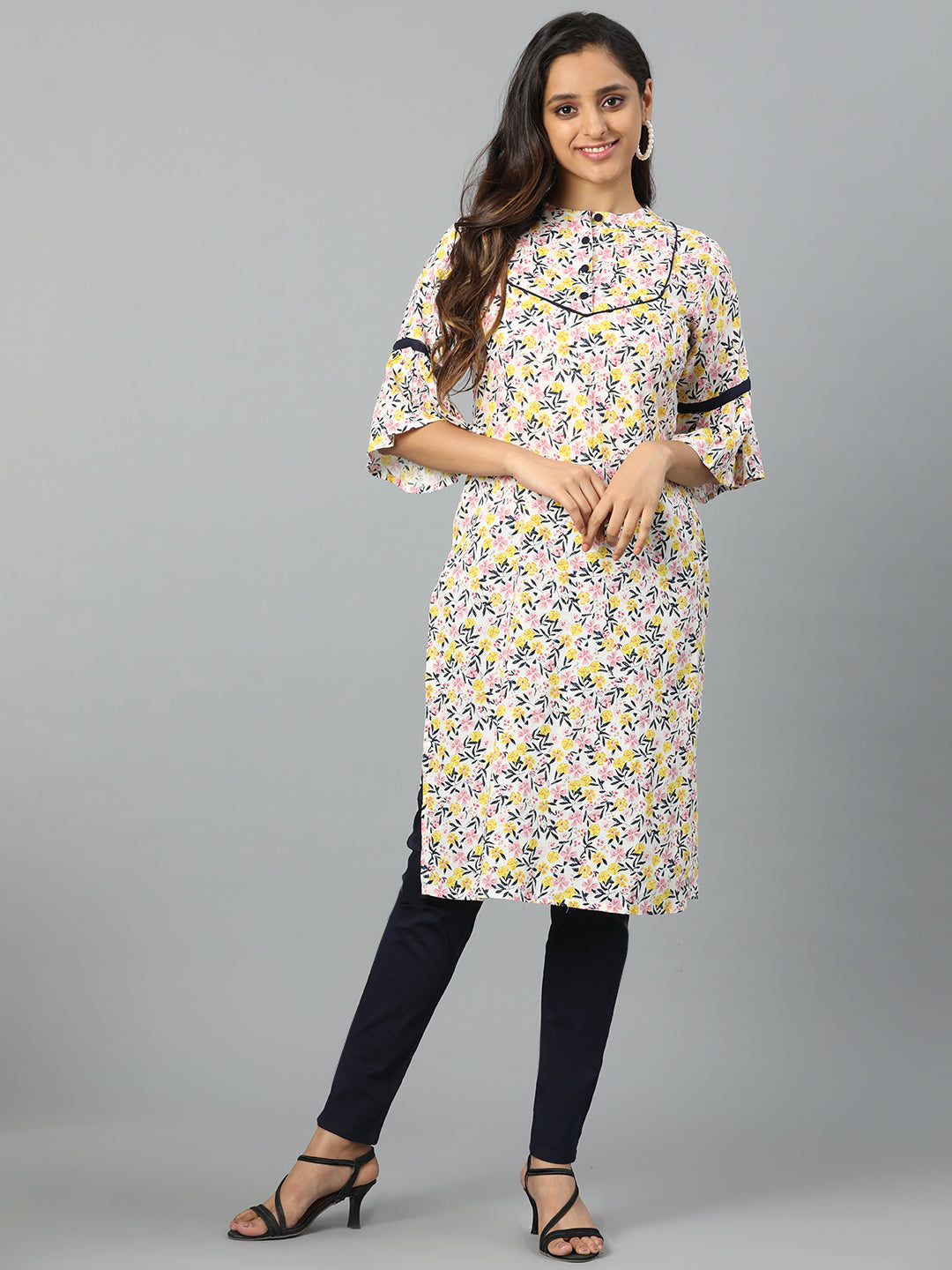 Cream Rayon Floral Printed Kurta