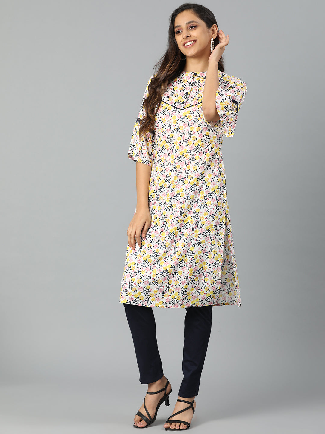 Cream Rayon Floral Printed Kurta