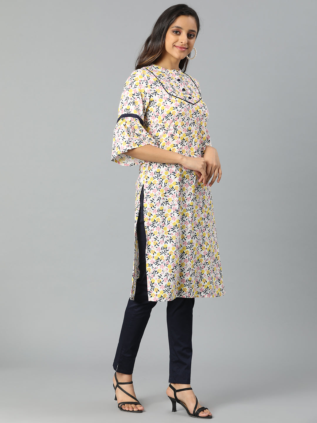 Cream Rayon Floral Printed Kurta